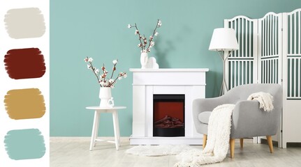 Naklejka premium Interior of stylish living room with grey armchair, white fireplace and cotton flowers. Different color patterns