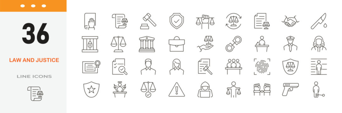 Law and jutice related icon set . contain law legal, justice law, legal, judgment, authority, lawyer, criminal, agreement and others. Editable stroke. 
