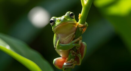 Obraz premium Vibrant green tree frog perched on mossy branch in natural habitat