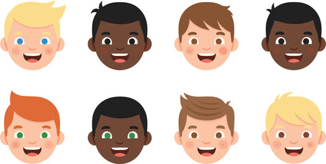 Happy Boys Avatar Faces Collection with Diverse Kids Characters for Children Profile Icons, School Projects, Education Apps, and Cartoon Illustration Design.