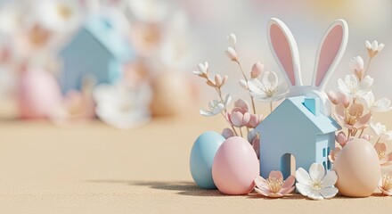 Obraz premium Pastel easter eggs and miniature bunny house with flowers. Spring holiday decoration arrangement for easter celebration. Whimsical seasonal concept in soft colors for festive greetings