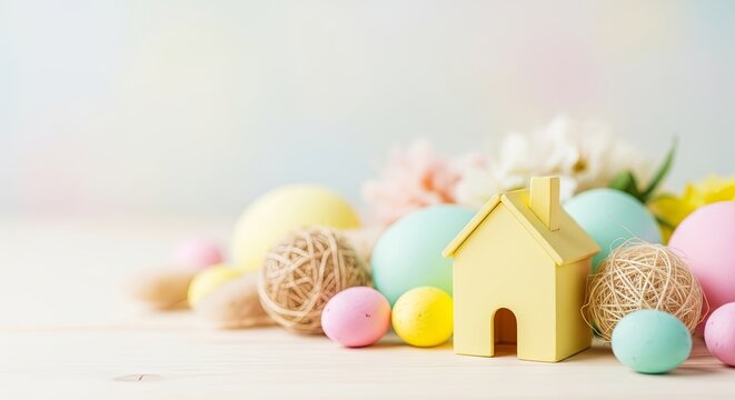 Small yellow house surrounded by colorful easter eggs and spring flowers. Pastel toned arrangement for easter home decoration and seasonal celebration
