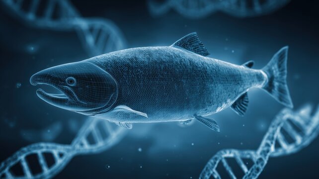 サケの3Dワイヤーフレームモデルの科学的表現。遺伝子研究や生物学の資料に最適なイメージ。