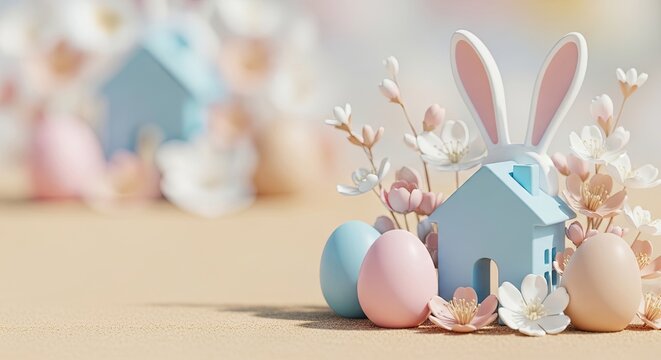 Pastel easter eggs and miniature bunny house with flowers. Spring holiday decoration arrangement for easter celebration. Whimsical seasonal concept in soft colors for festive greetings