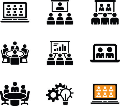 Online meeting and business presentation icon set for remote work and collaboration