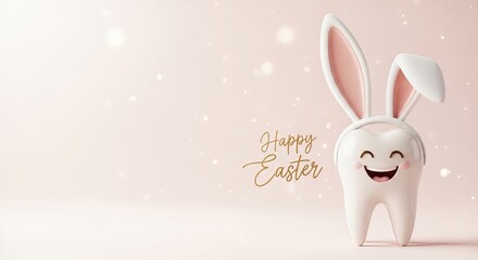 Obraz premium Cute white tooth dressed as easter bunny with wide smile and happy easter text. Fun dental holiday greeting for oral health awareness during spring festival