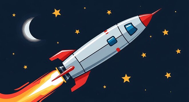 A cartoon rocket ship, with orange exhaust flames, ascends through a night sky filled with stars and a crescent moon