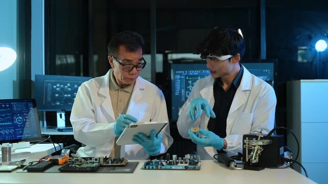 Engineers examining hard drive and motherboard in a technology lab, focusing on data storage, cybersecurity, diagnostics, and computer hardware repair