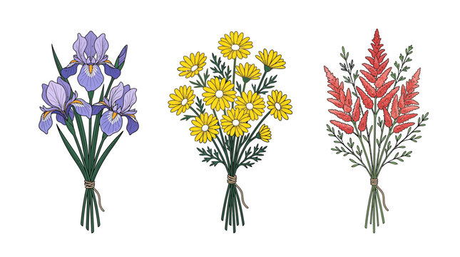 Three elegant tied bouquets featuring purple irises, bright yellow flowers, and red astilbe for vibrant floral decor