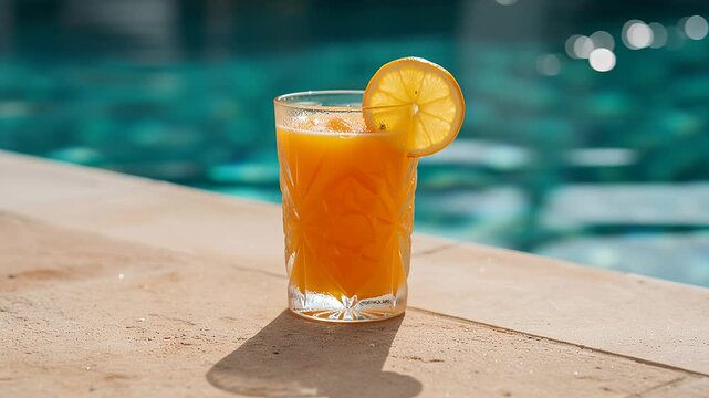 orange juice glass poolside deck sunny summer scene with citrus garnish