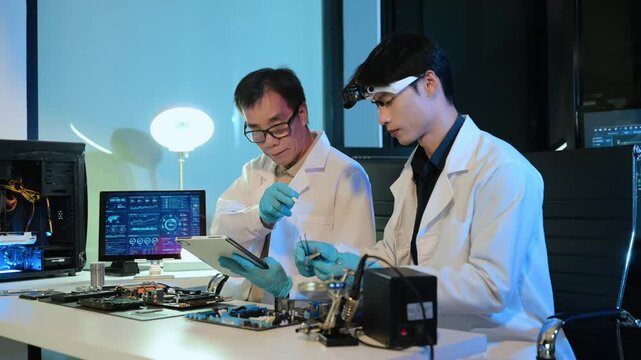 Engineers examining hard drive and motherboard in a technology lab, focusing on data storage, cybersecurity, diagnostics, and computer hardware repair