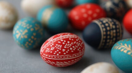 Fototapeta premium A still life collection of uniquely handcrafted Easter eggs adorned with vibrant colors and detailed folk art motifs presented on a neutral surface