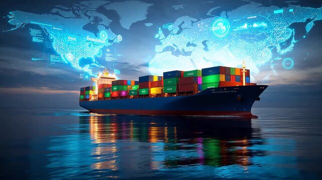 Cargo ship with digital world map overlay