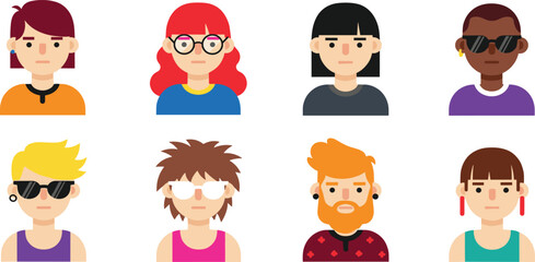 Trendy People Avatar Faces Set with Modern Men and Women Characters for User Profile Pictures, Social Media Accounts, and Website UI Icons.
