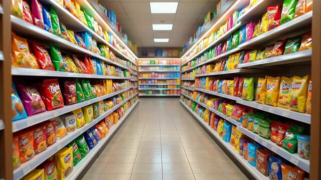 Supermarket aisle with snack products