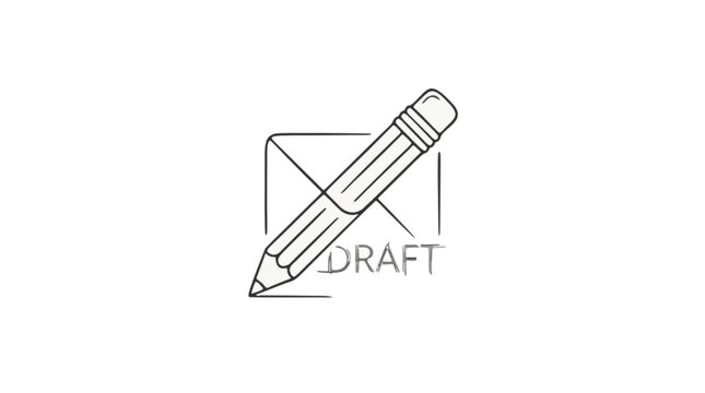 Vector illustration of a draft message or document icon, featuring an envelope, pencil, and checkmark. Symbolizes work in progress, uncompleted communication or content creation