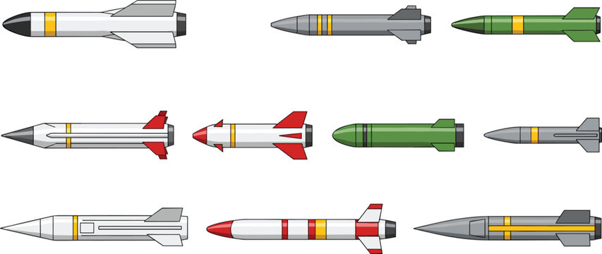 Military Missile and Rocket Vector Set Featuring Tactical Ballistic Weapons in Various Camouflage Patterns for Defense and Aerospace Concepts