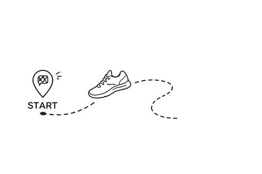 Journey begins with a single step illustration of a shoe and map pin on a path