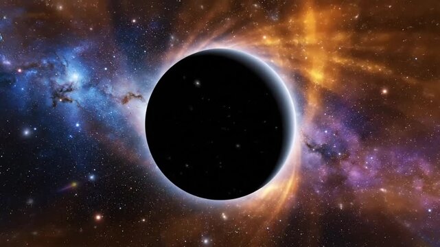 Epic depiction of a black hole in space against a cosmic background of nebulas and stars with light flares