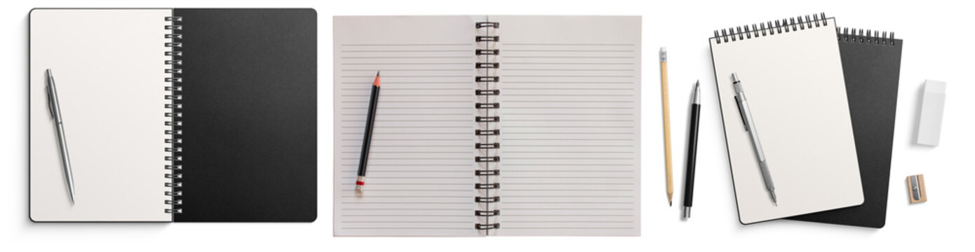 Collection of spiral-bound notebooks and essential stationery items, perfect for academic, business.