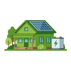 A green house with solar panels on the roof and a battery outside
