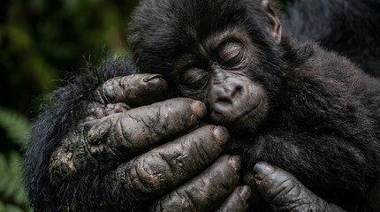 Obraz premium Close-up of a baby gorilla sleeping in the forest