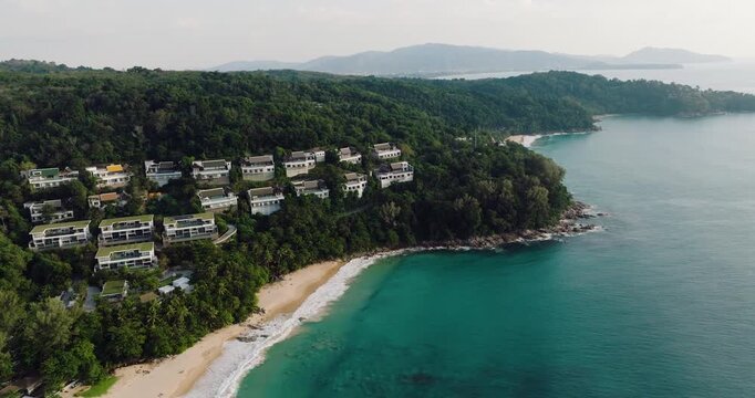 A View Of Hillside Luxury Villas And Resorts At Nai Thon Beach In Phuket, Thailand. Aerial Shot