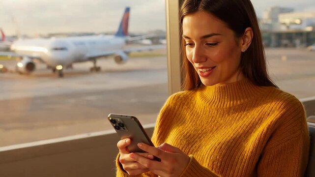 Woman using phone at airport with plane in background