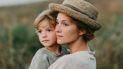 Fototapeta premium A mother and son share a quiet affectionate moment outdoors amidst nature their gentle bond and serene expressions highlighted by soft light