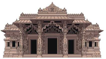 Fototapeta premium Detailed facade of a magnificent ancient Hindu temple featuring intricate stone carvings of deities and symbols on its pillars and entrance.