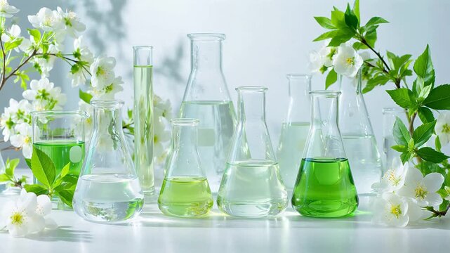 Glass flasks with colored liquids and flowers
