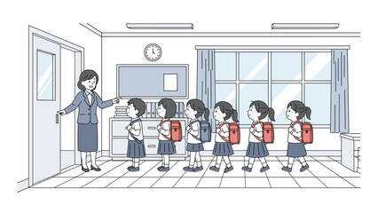Female teacher leads a line of young students wearing backpacks through a hallway toward their classroom in a modern school building.