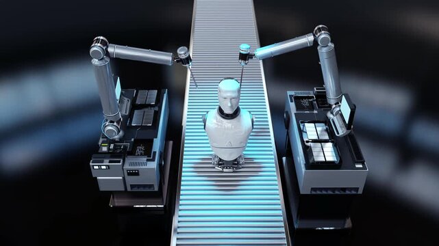 3d rendering robot assembly line producing cyborg in factory 4k footage