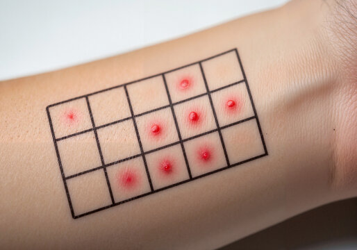 Skin patch test on wrist showing red reactions in grid pattern  