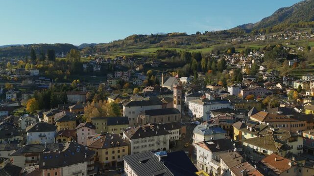 Medieval Town With Palazzo della Magnifica Comunit&agrave; di Fiemme In Cavalese, Italy. Aerial Shot