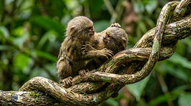 Two pygmy marmosets interacting on twisted jungle vines