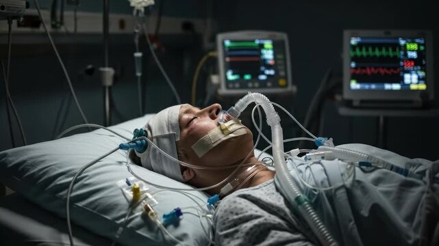 Critical patient in intensive care, severe cerebral trauma, neurological impairment, brain damage, life support, medical emergency, hospital treatment