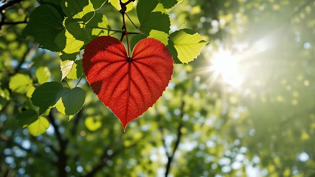 heart-shaped red leaf in sunlight among green leaves