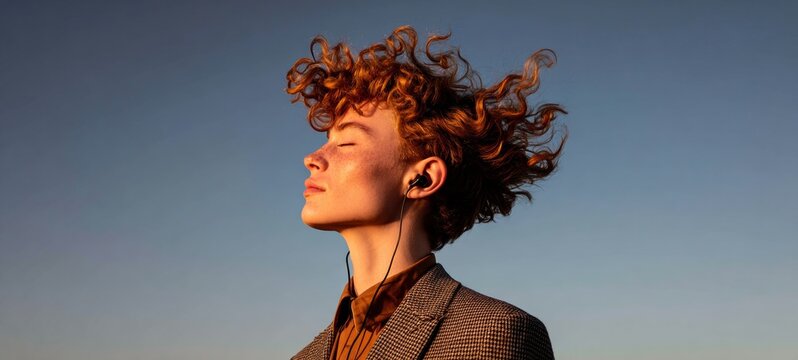 Woman with curly hair blowing in wind.