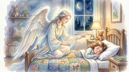 Plakat Angel watching over child watercolor illustration