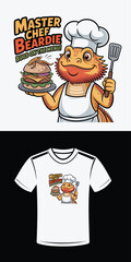 Bearded dragon chef holding a burger with bugs on the menu text cooking