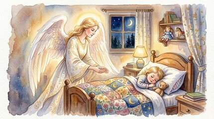 Naklejka premium Angel watching over child watercolor illustration