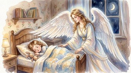 Naklejka premium Angel watching over child watercolor illustration