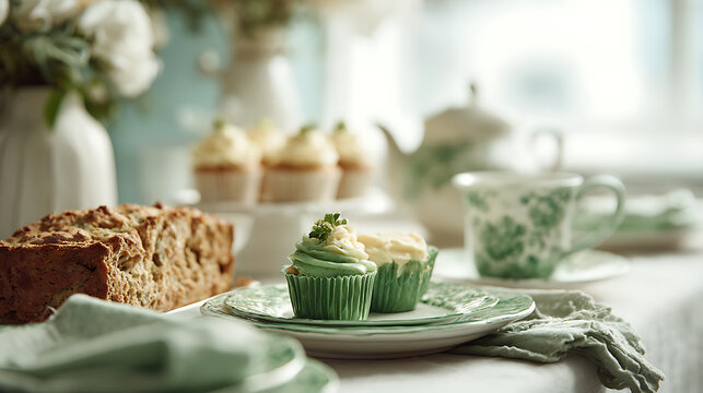 St patrics day concept delicious cupcakes and bread on a table with tea set and flowers st patrics
