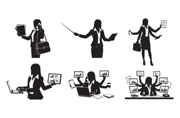 Businesswoman multitasking with multiple arms handling tasks like calls, presentations and computer work with documents and coffee in office setting vector silhouette