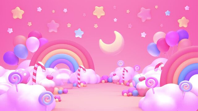 Sweet candy land with moon, rainbows, cupcakes, candy canes, lollipops, and balloons animation. (loop)