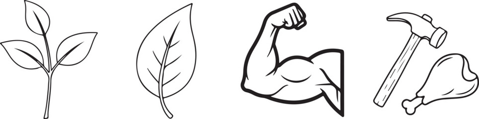 Obraz premium Plant sprout leaf bicep muscle hammer and chicken leg icons representing growth nature strength and food isolated on white background