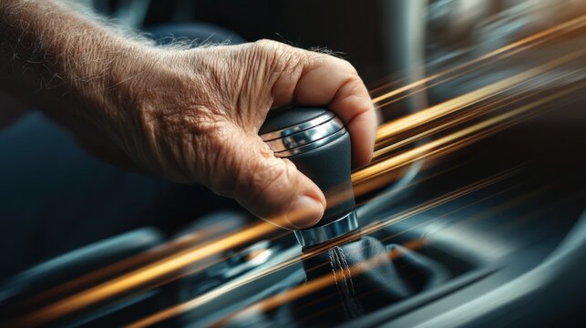 Hand shifting gear in a car interior