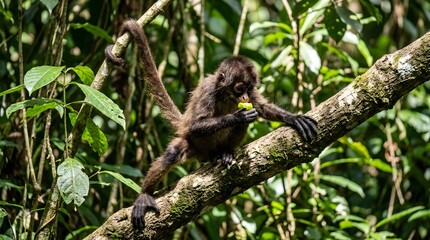 Fototapeta premium Spider monkey eating fruit on a tree branch in lush rainforest