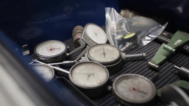 Close-up pan over used mechanical dial gauges and precision instruments resting inside a blue workshop toolbox